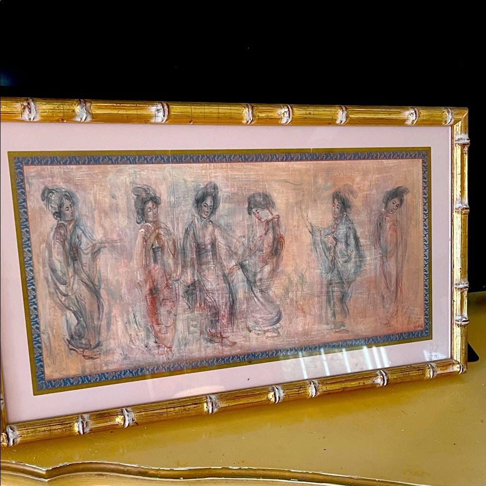 Edna Hibel Six Geisha Girls Lithograph Signed and framed in gold cane design